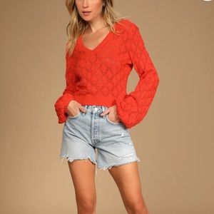 Boldest Beauty Coral Orange Pointelle Balloon Sleeve Sweater- New without tags